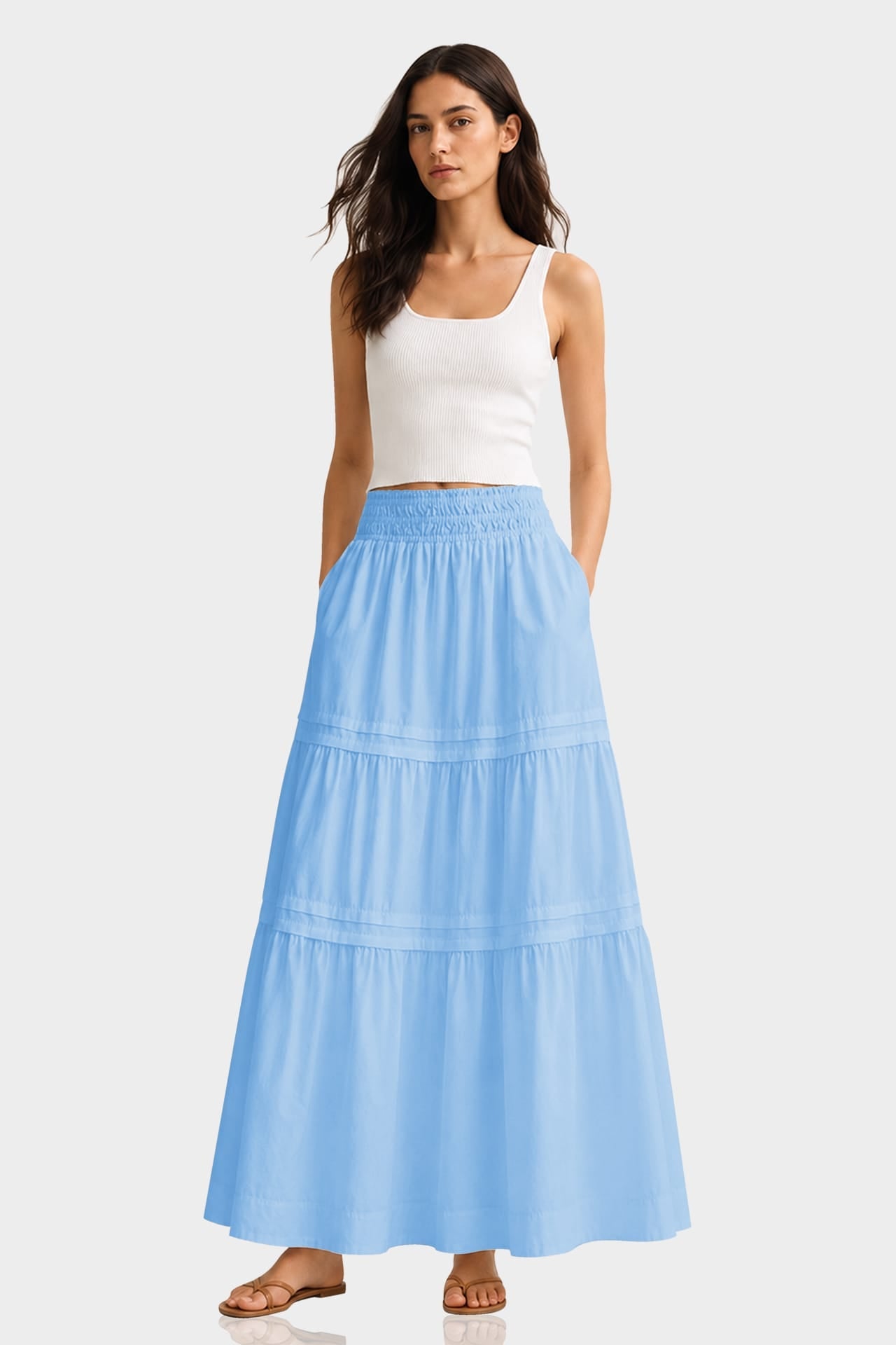 Sky Blue Luxury Cotton Tiered Maxi Skirt