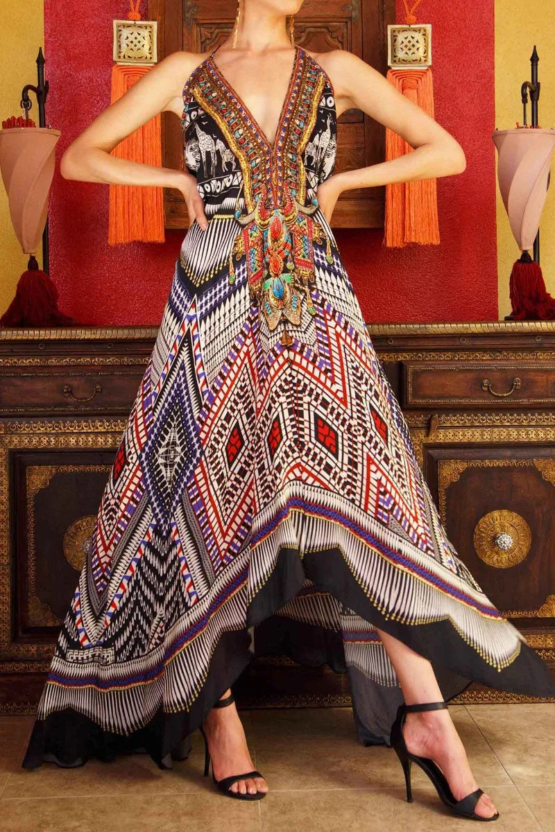 Caviar Black Geometric Silk Scarf Maxi Dress