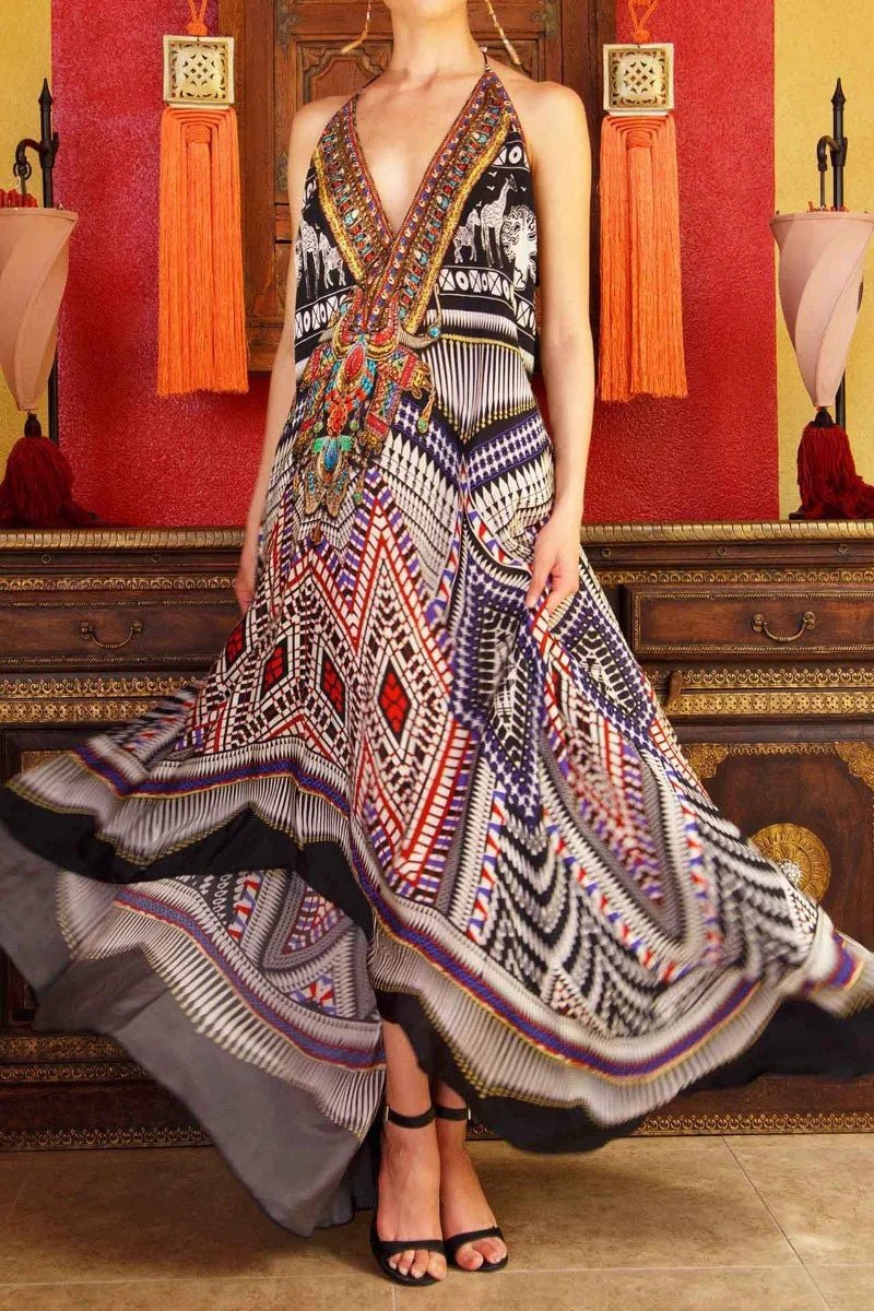 Caviar Black Geometric Silk Scarf Maxi Dress