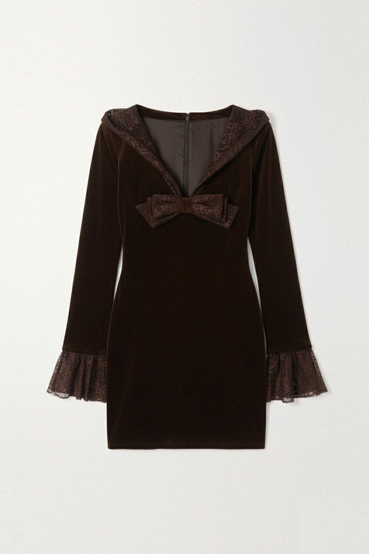 Brown Velvet Mini Dress with Lace & Bow