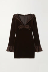 Brown Velvet Mini Dress with Lace & Bow