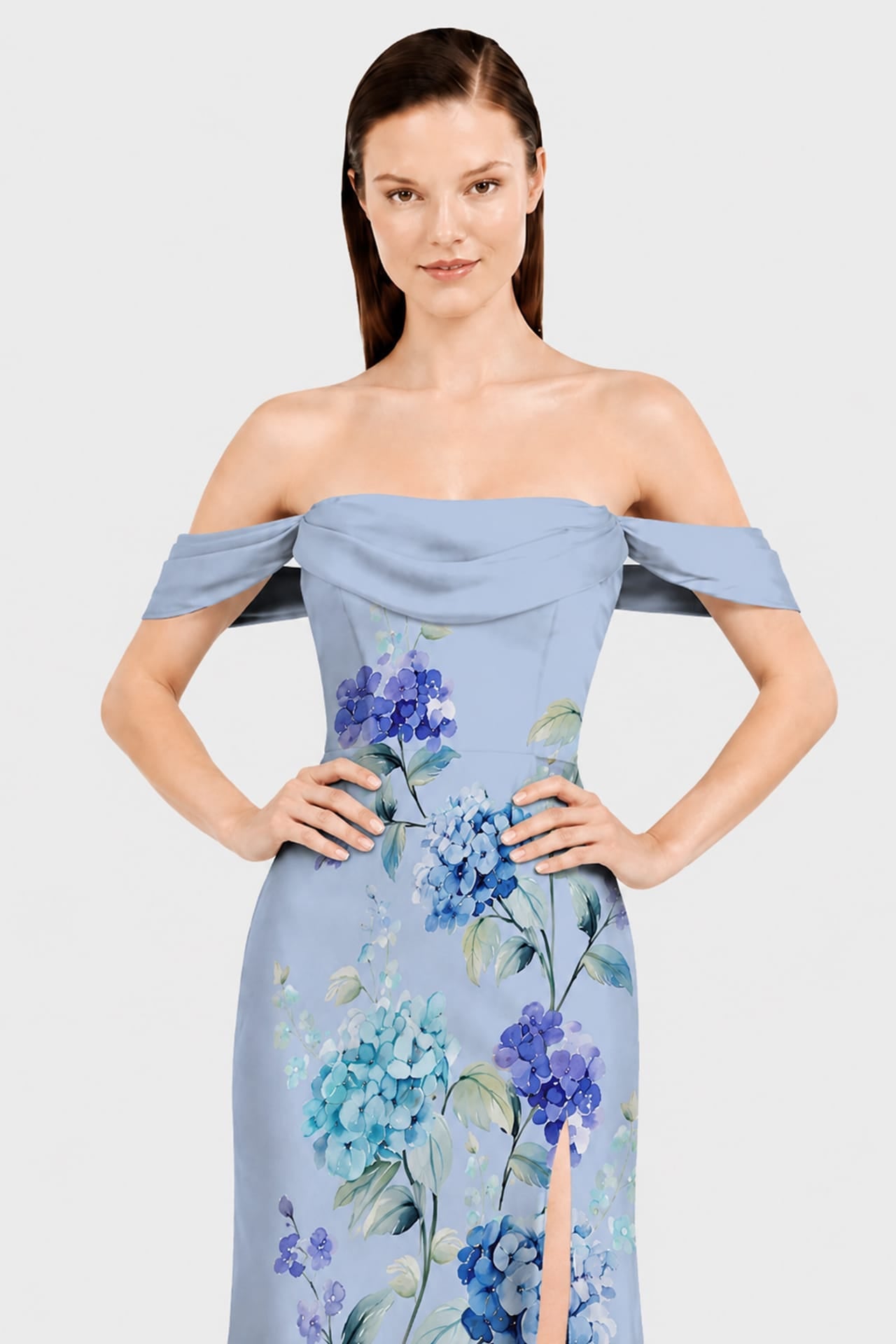 Hydrangea Floral Print Satin Convertible Maxi Dress