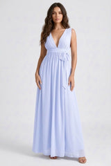 Chiffon Ice Blue V-Neck Bridesmaid Dress – Elegant Maxi Gown