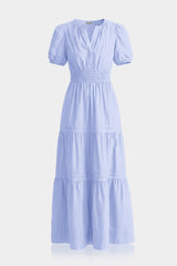 Premium Cotton Maxi Tiered Dress With Smocked Detail In Icy Blue