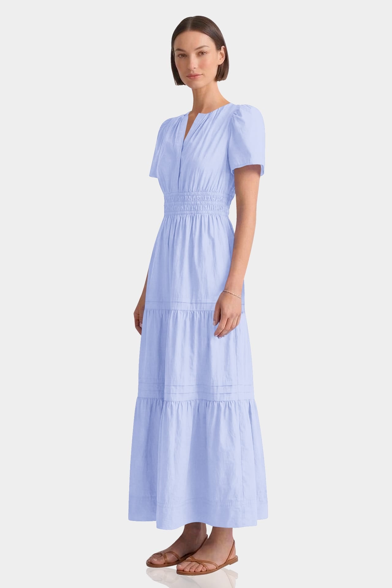 Premium Cotton Maxi Tiered Dress With Smocked Detail In Icy Blue