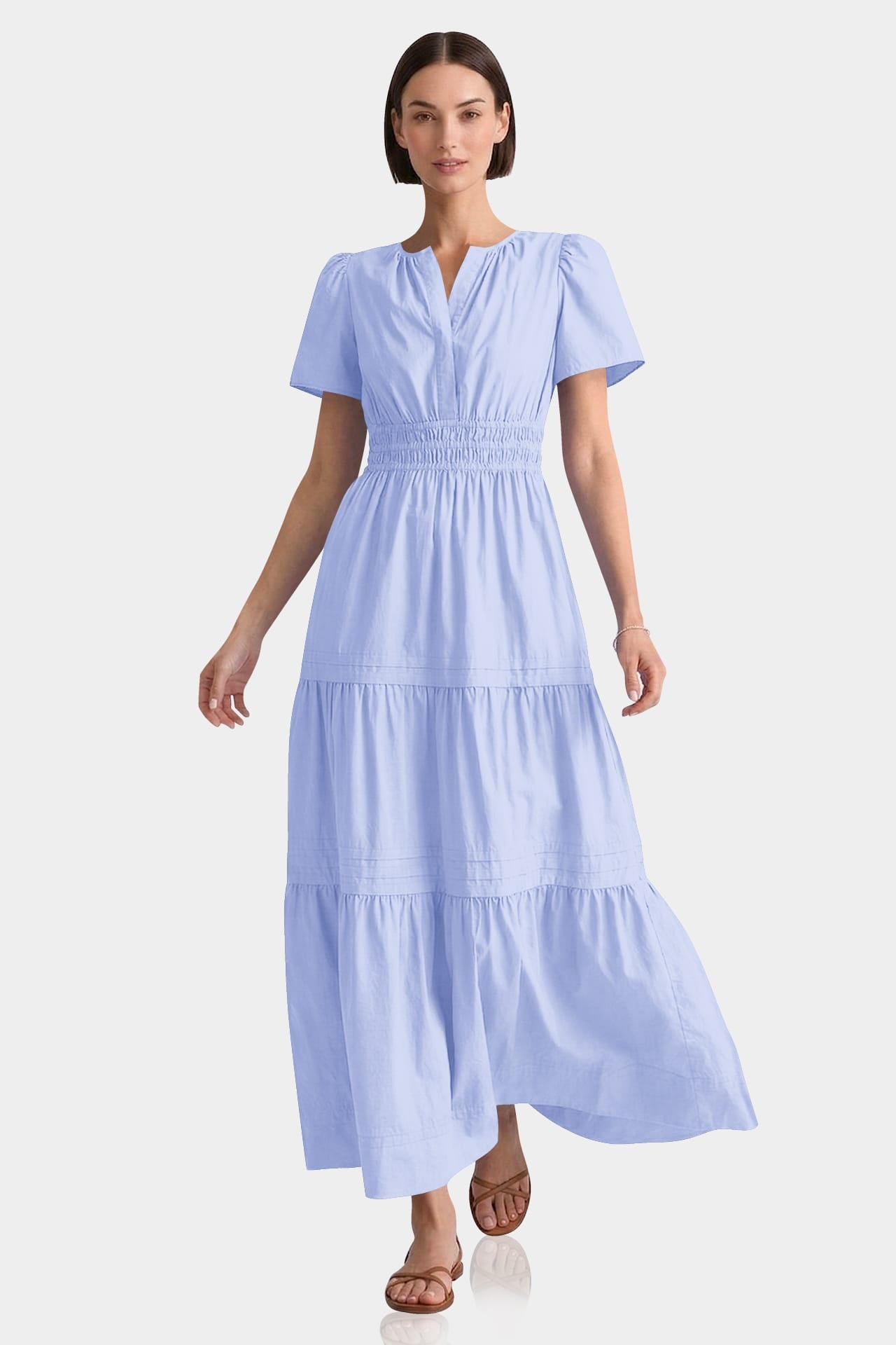 Premium Cotton Maxi Tiered Dress With Smocked Detail In Icy Blue
