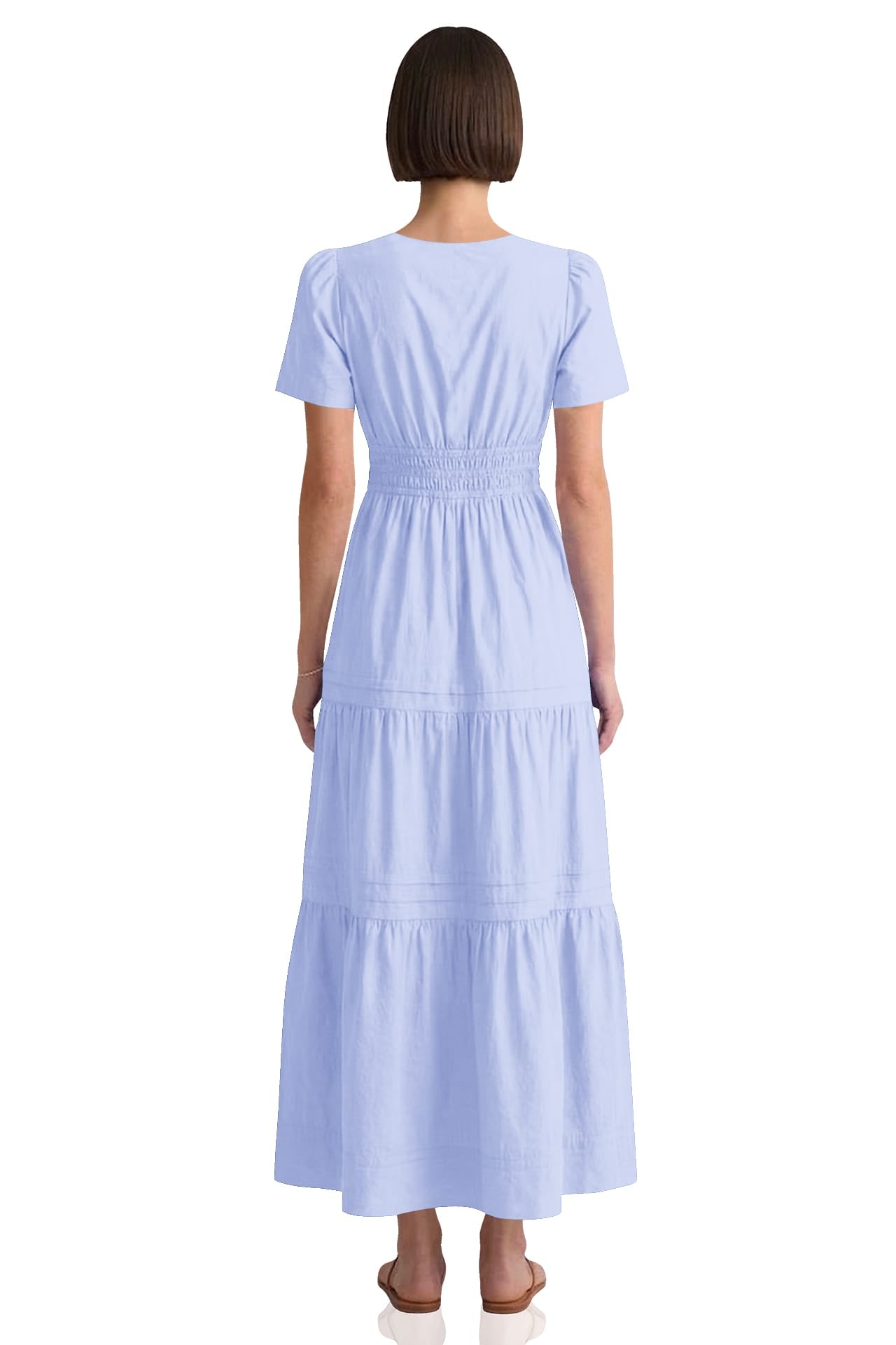 Premium Cotton Maxi Tiered Dress With Smocked Detail In Icy Blue