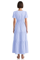 Premium Cotton Maxi Tiered Dress With Smocked Detail In Icy Blue