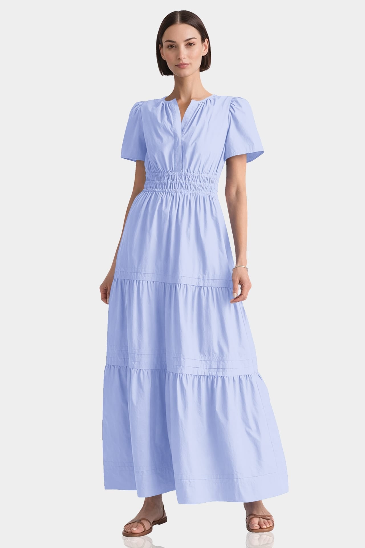 Premium Cotton Maxi Tiered Dress With Smocked Detail In Icy Blue
