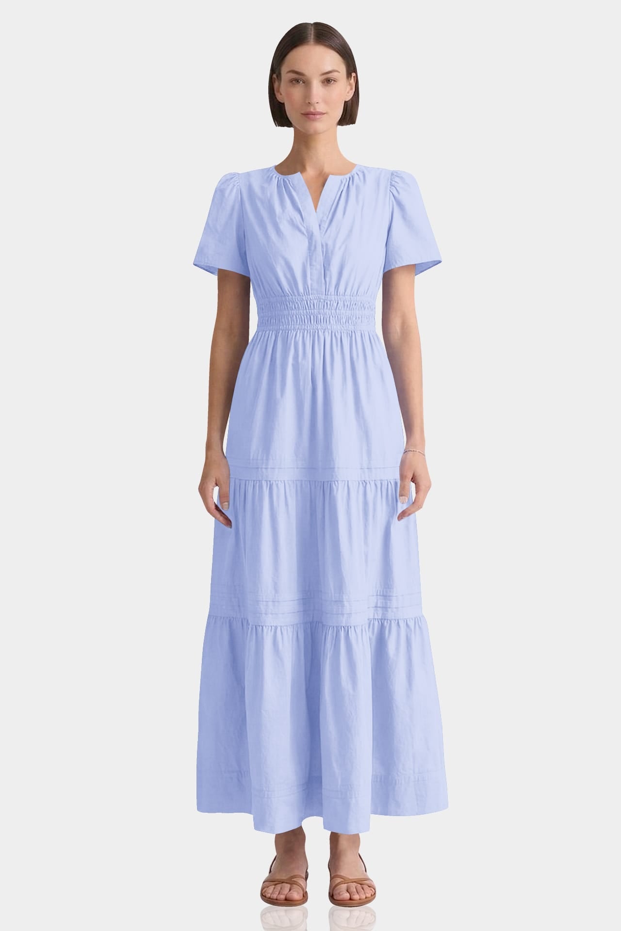 Premium Cotton Maxi Tiered Dress With Smocked Detail In Icy Blue