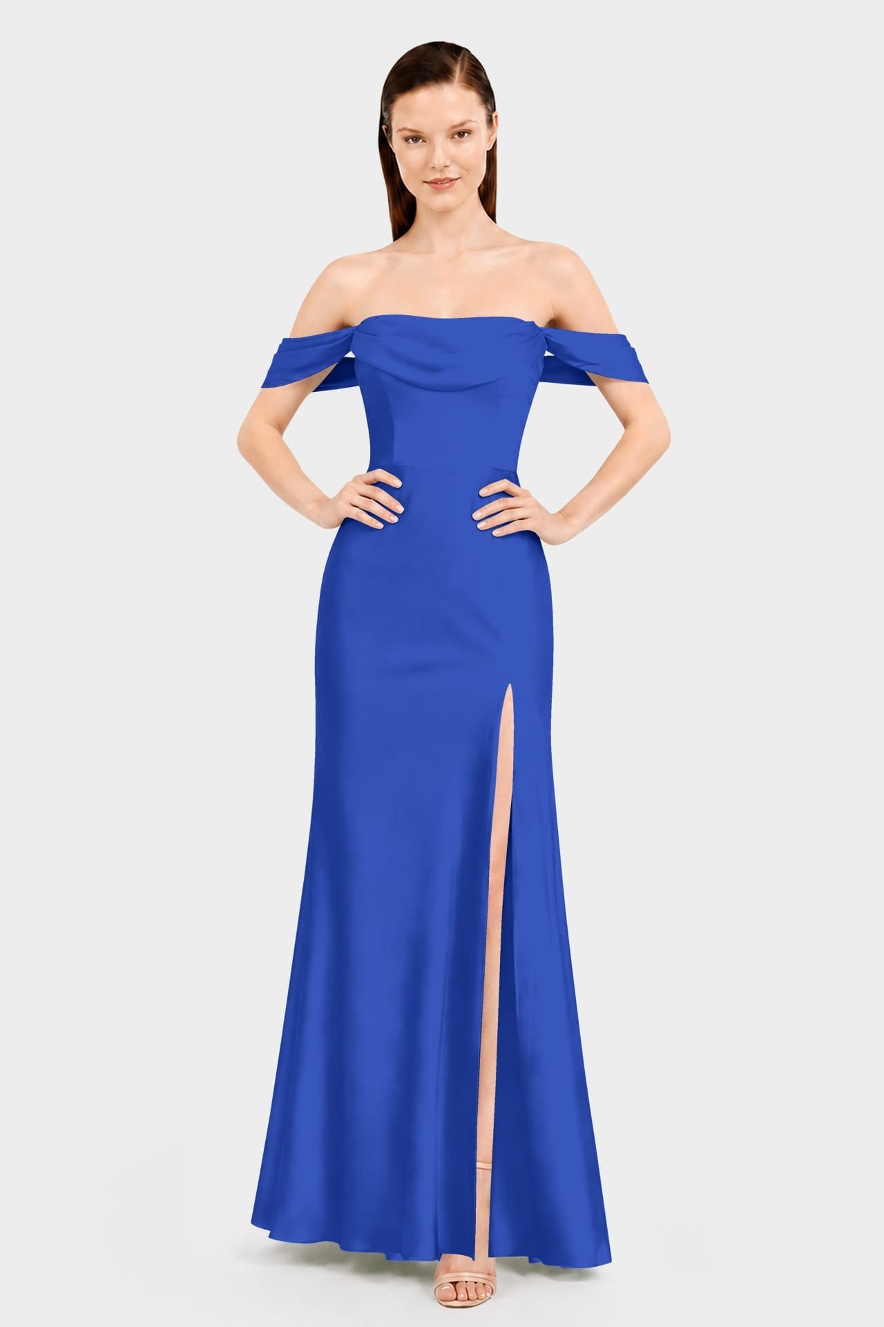 Elegant Sapphire Blue Bridesmaid Dress in Matte Satin with Side Slit
