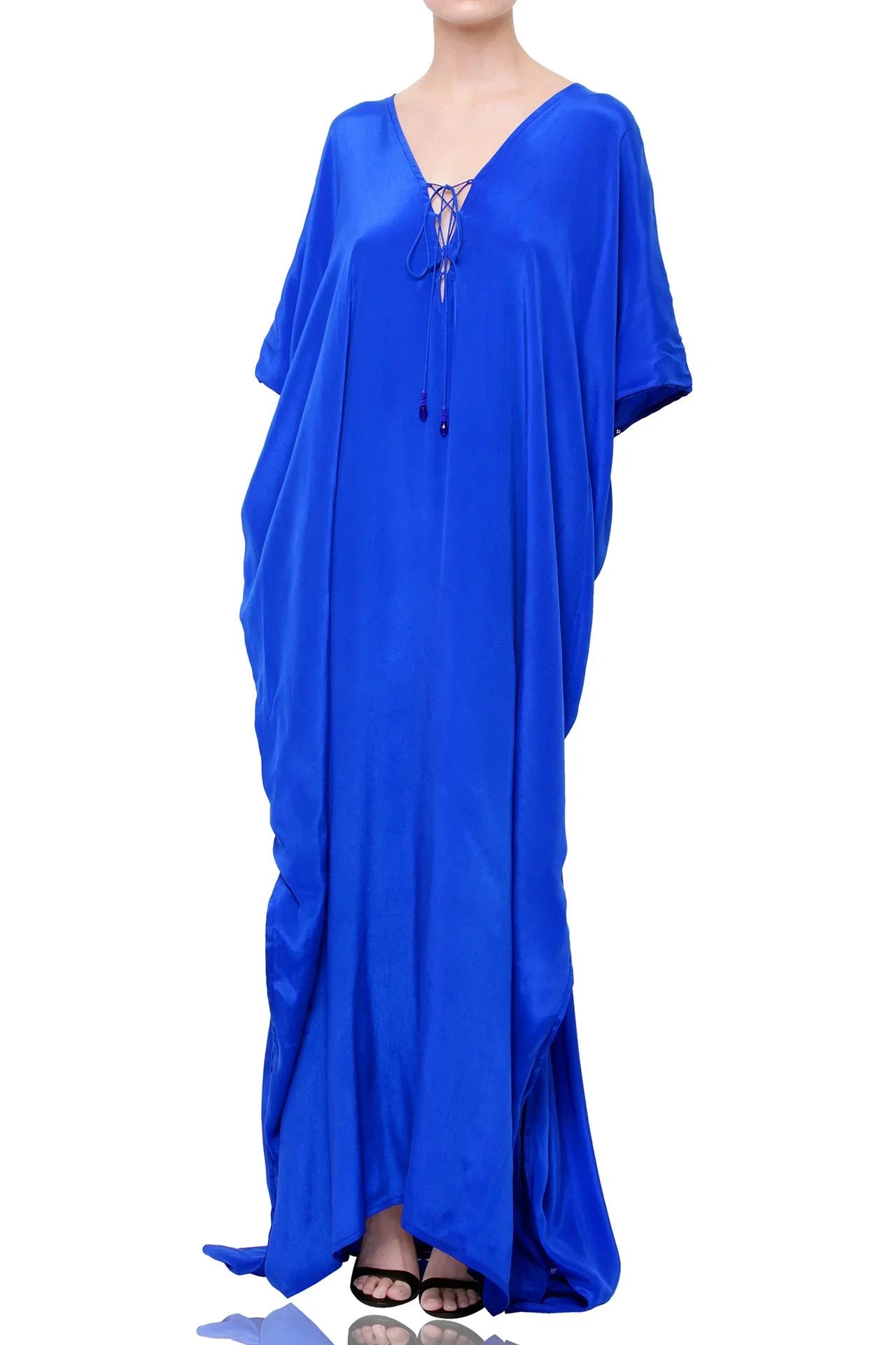 Cobalt Blue Lace-Up V-Neck Kaftan Maxi Dress