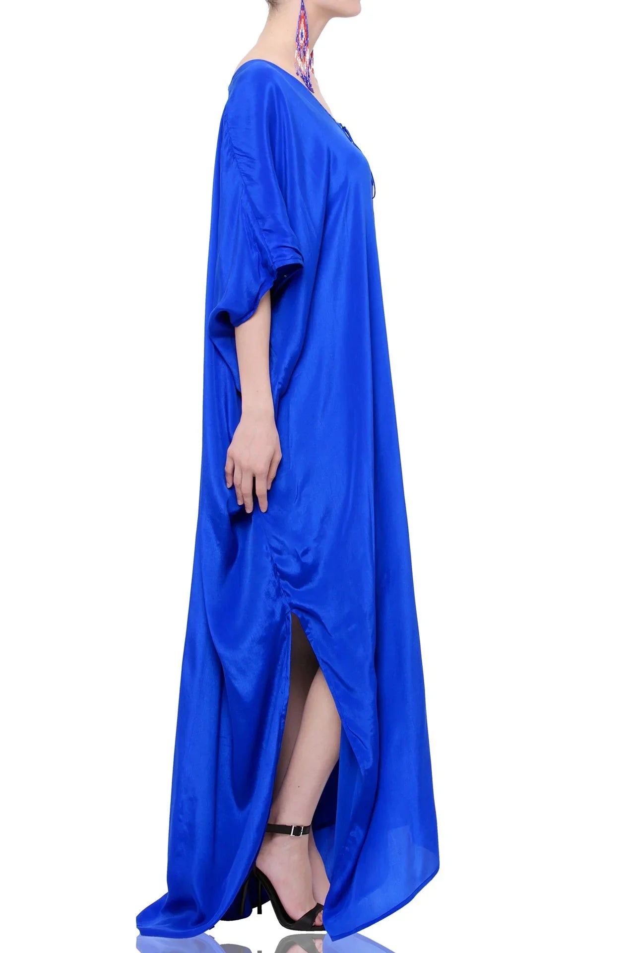 Cobalt Blue Lace-Up V-Neck Kaftan Maxi Dress