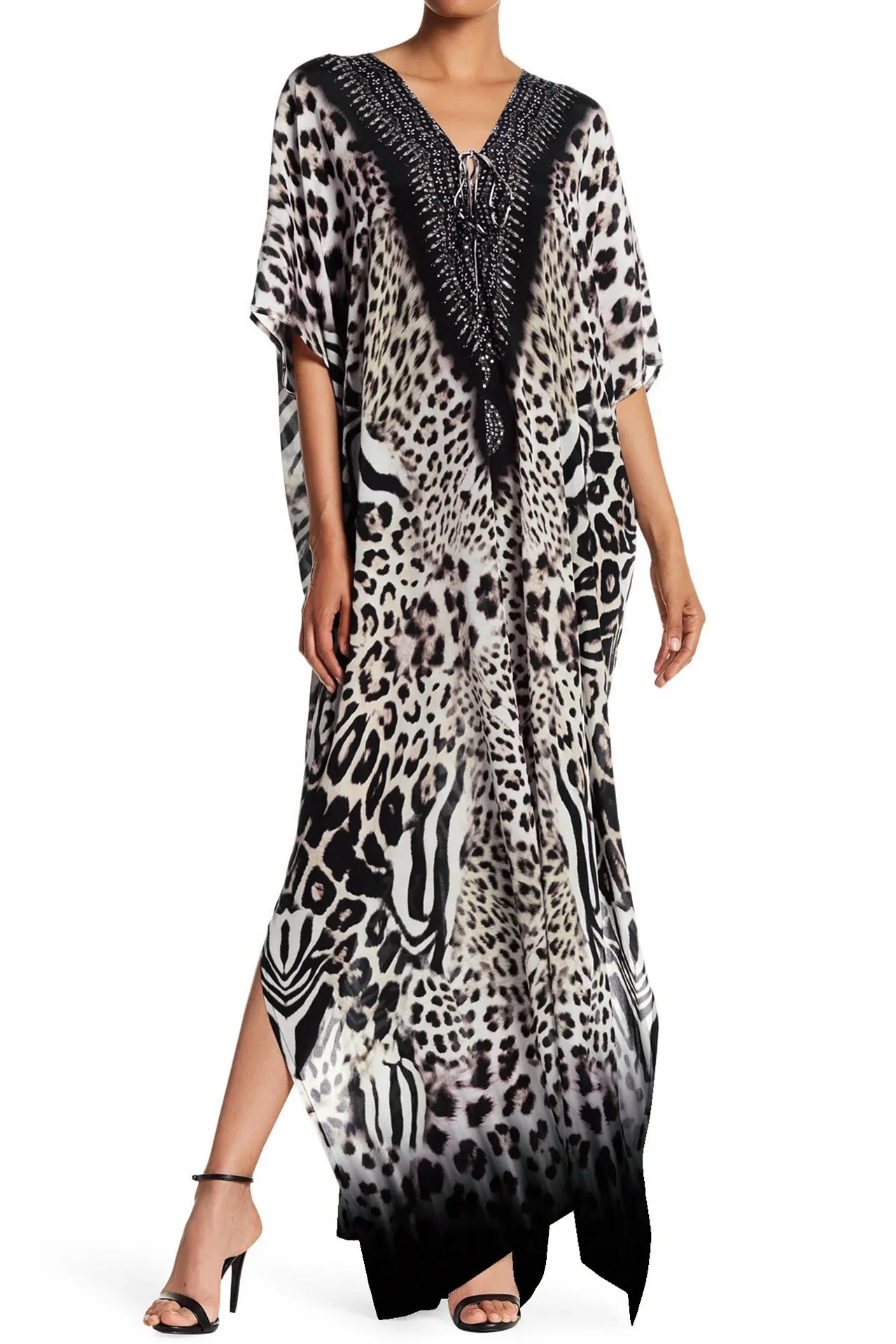 Brown Animal Print Convertible Silk Kaftan Maxi Dress