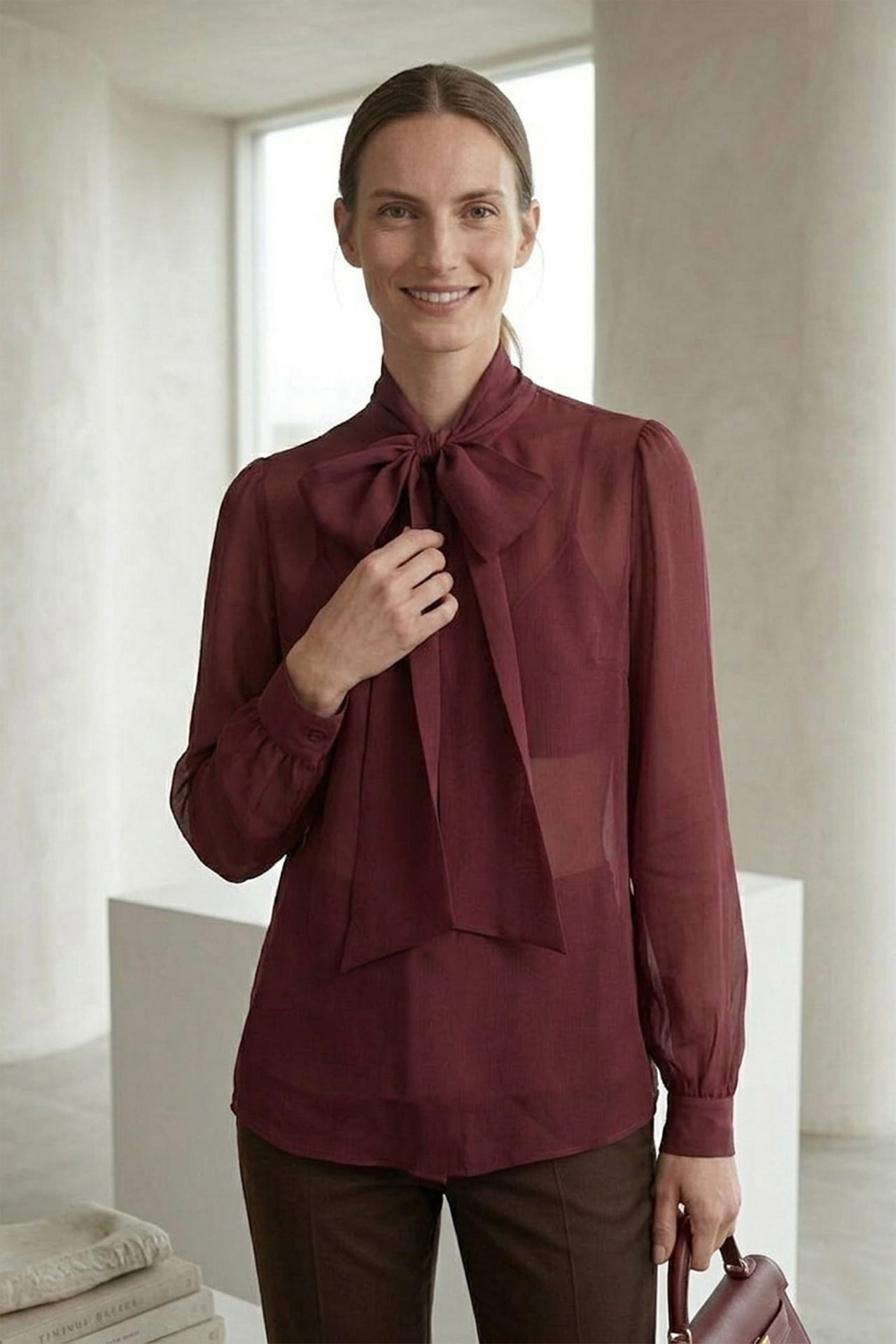 Burgundy Tie Neck Sheer Organza Shirt