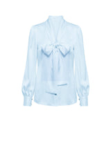 Blue Scarf  Tie Neck Satin Blouse