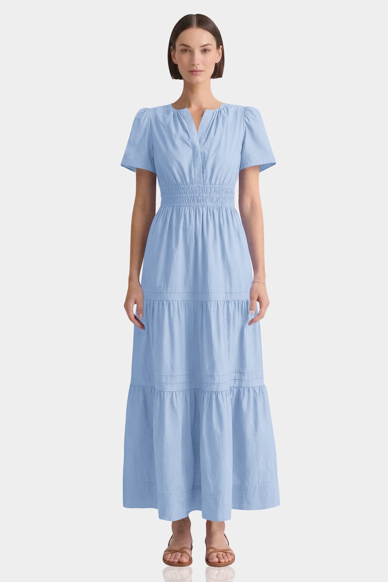 Tiered Breathable Cotton Maxi Dress With Smocked Waist – Powder Blue Relaxed Fit Cotton Dress