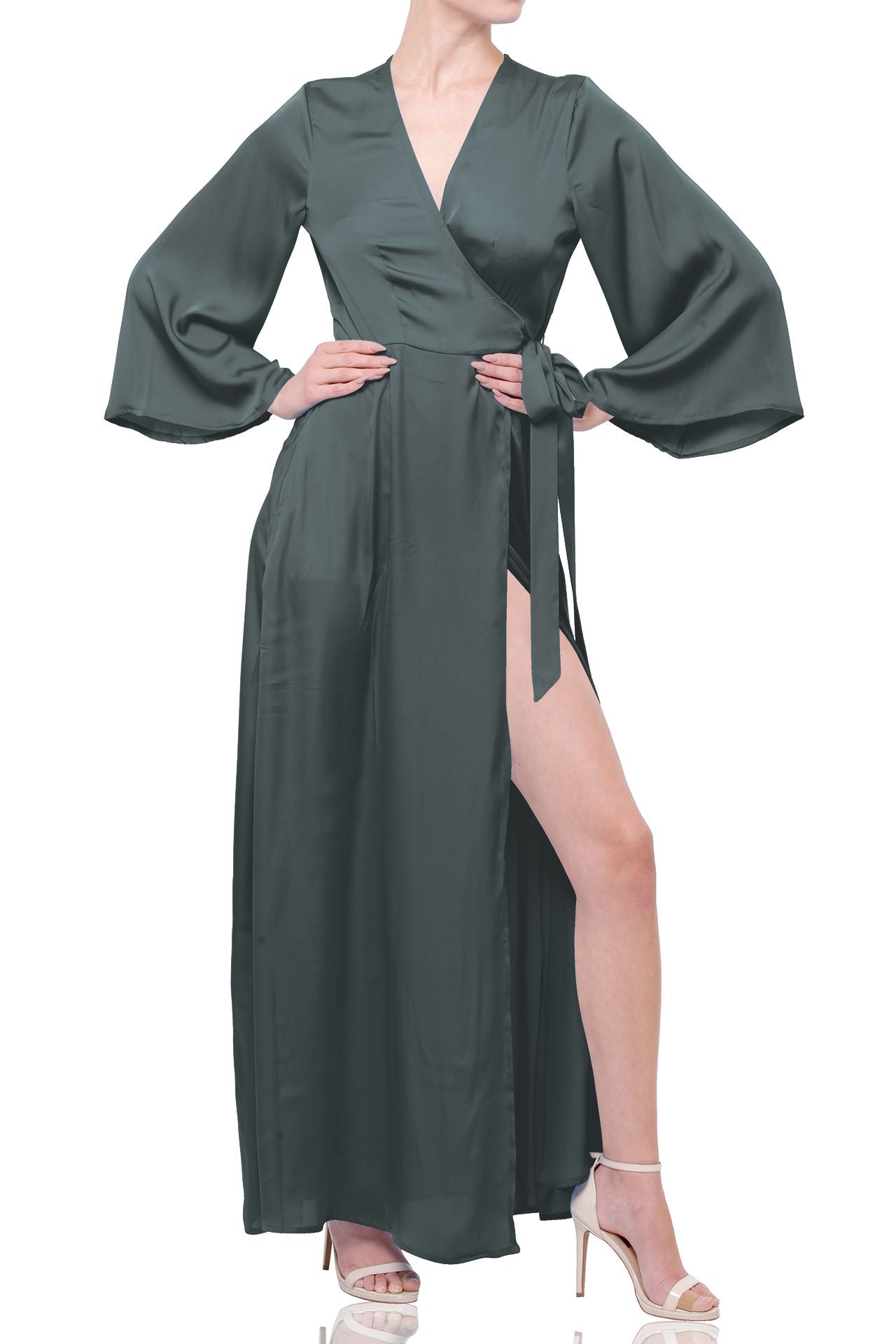 Dark Sage Long Sleeve Lightweight Wrap Dress for Tropical Travel