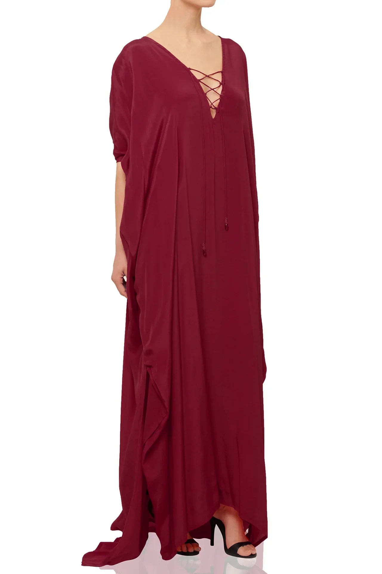 Burgundy Viscose Silk Convertible Maxi Kaftan Dress for Plus size women