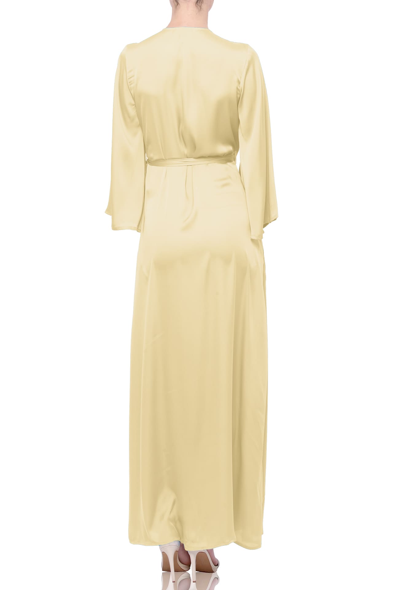 Champagne Satin Wrap Bridesmaid Maxi Dress with Slit – Long Sleeve