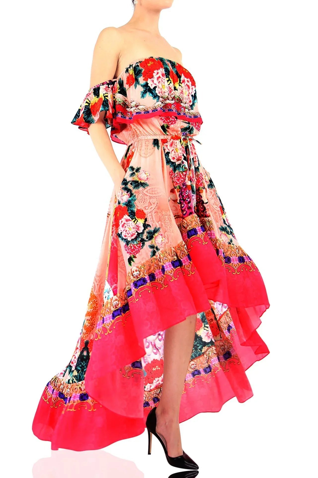 Coral Off Shoulder Ruffle Dress