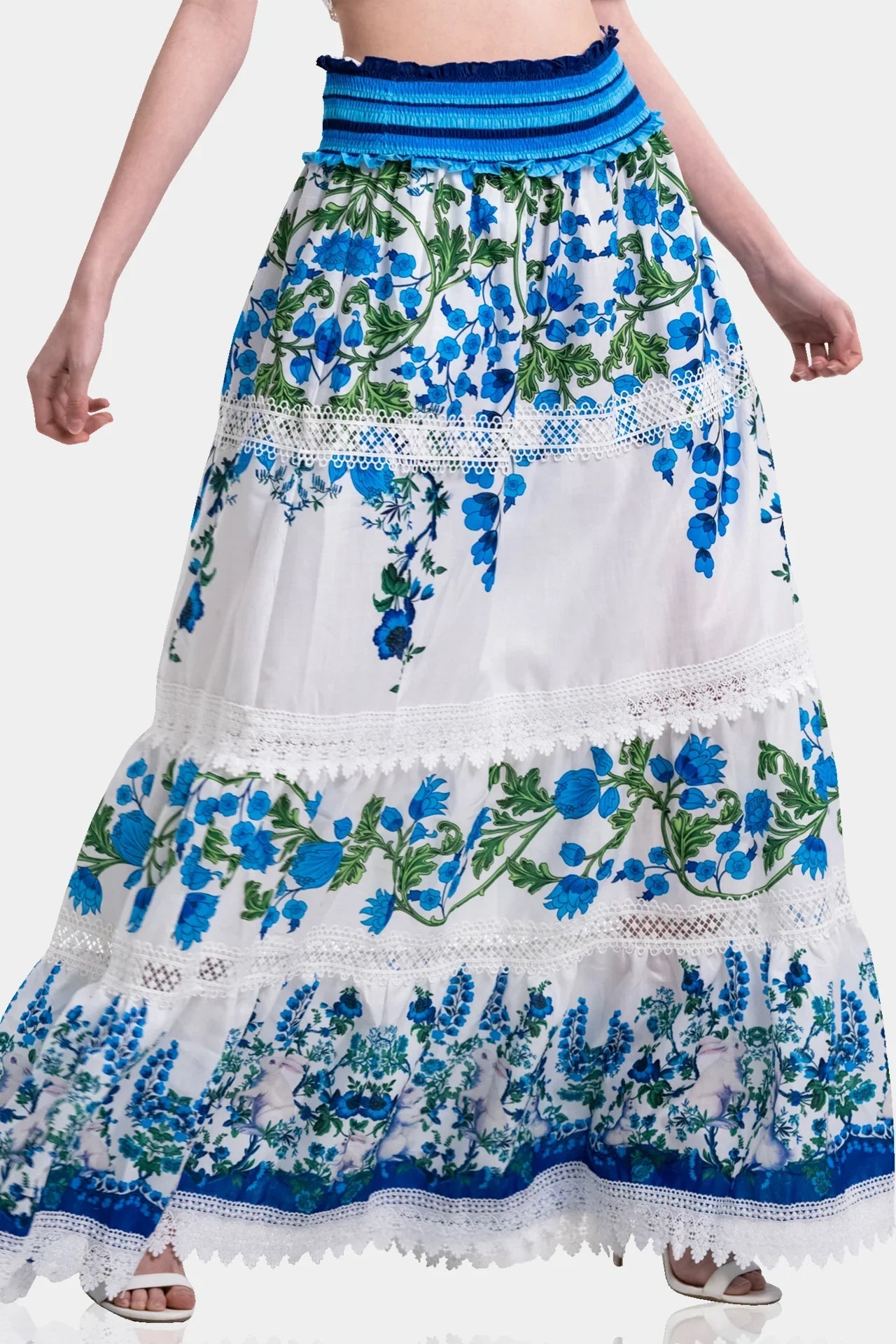 White & Blue Botanical Cotton Maxi Skirt with Guipure Lace Detail