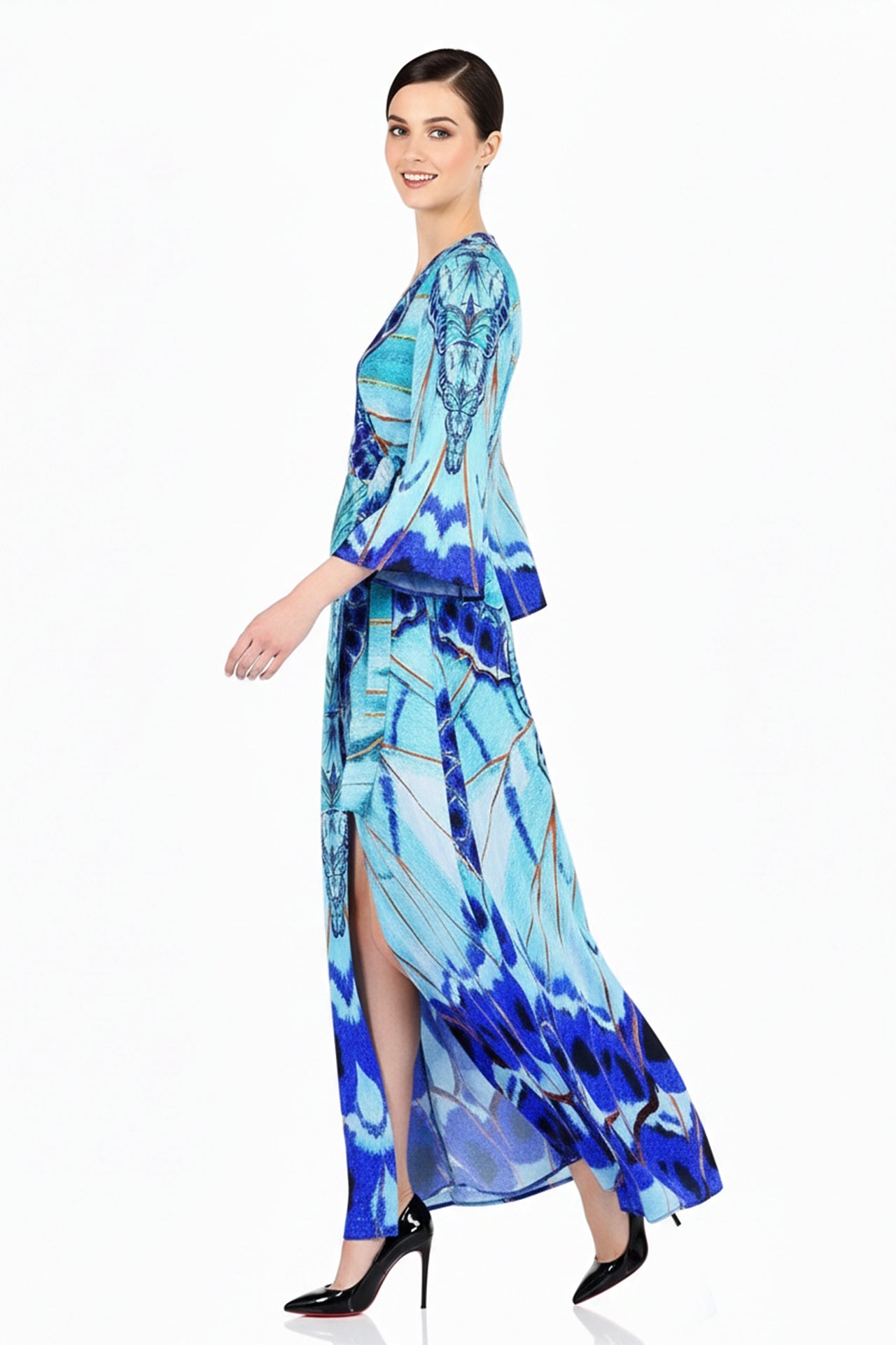 Blue Wrap Maxi Dress with Long Sleeves