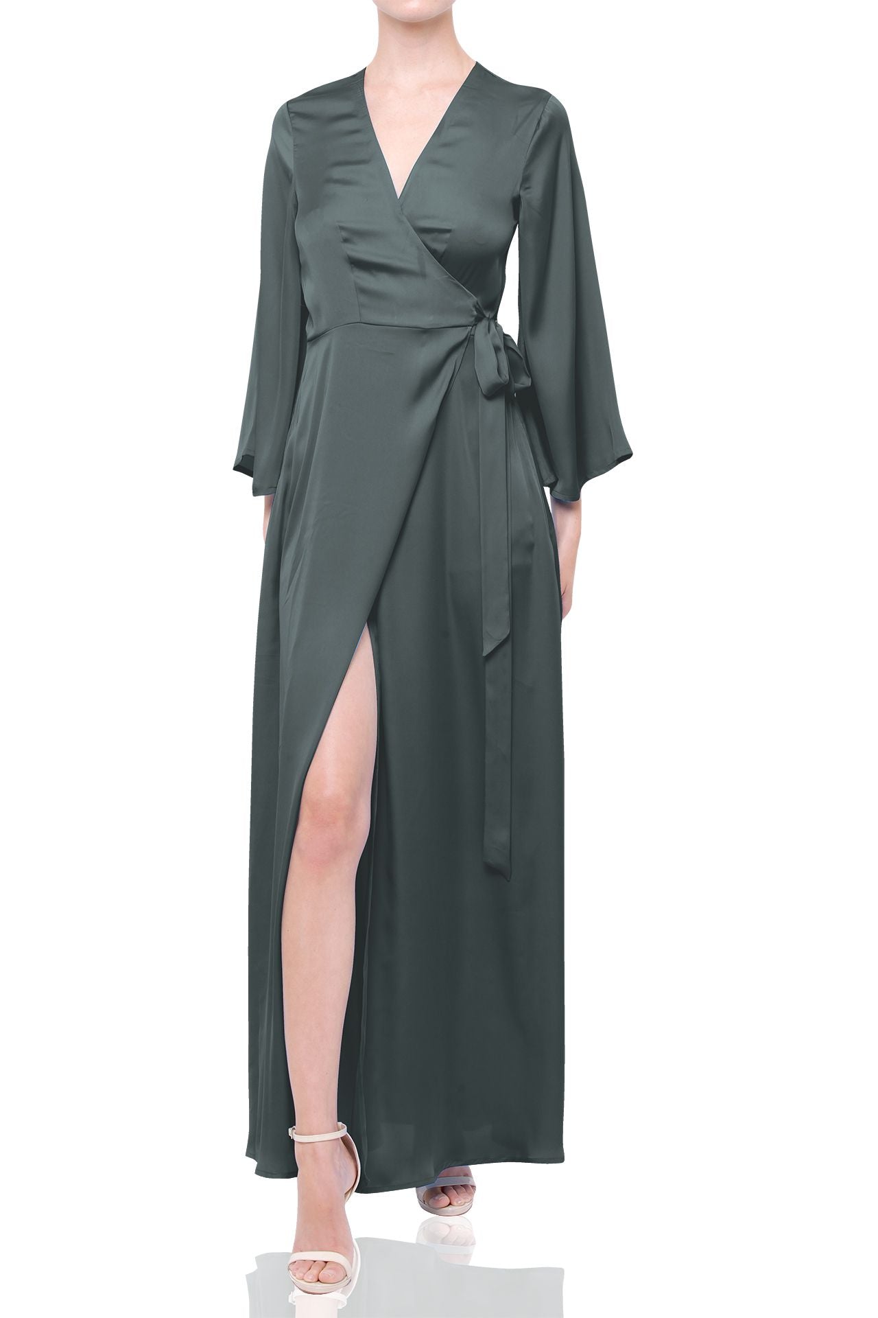 Dark Sage Long Sleeve Lightweight Wrap Dress for Tropical Travel