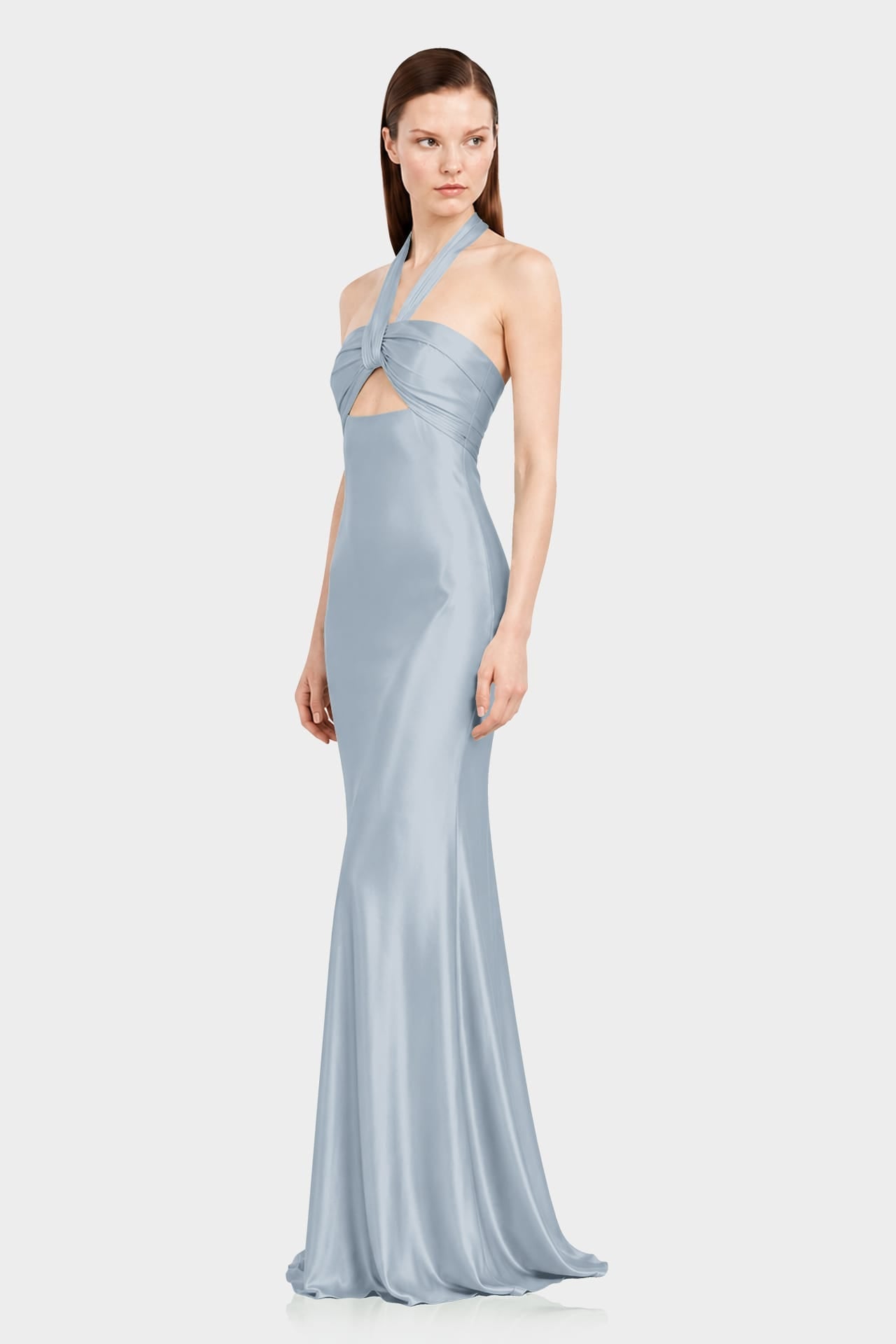 Designer Dusty Blue Ruched Halter Neck Satin Evening Gown for Wedding Guests & Bridesmaids