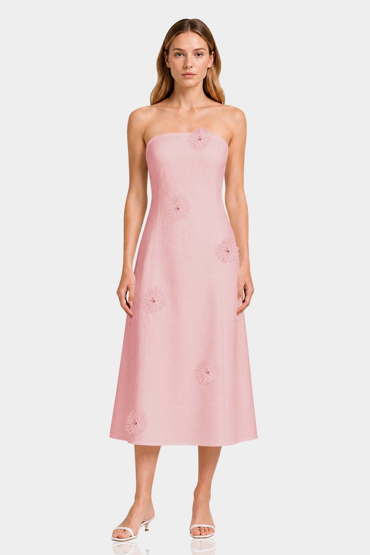 Blush Pink Strapless Cotton Midi Dress with 3D Floral Appliqué