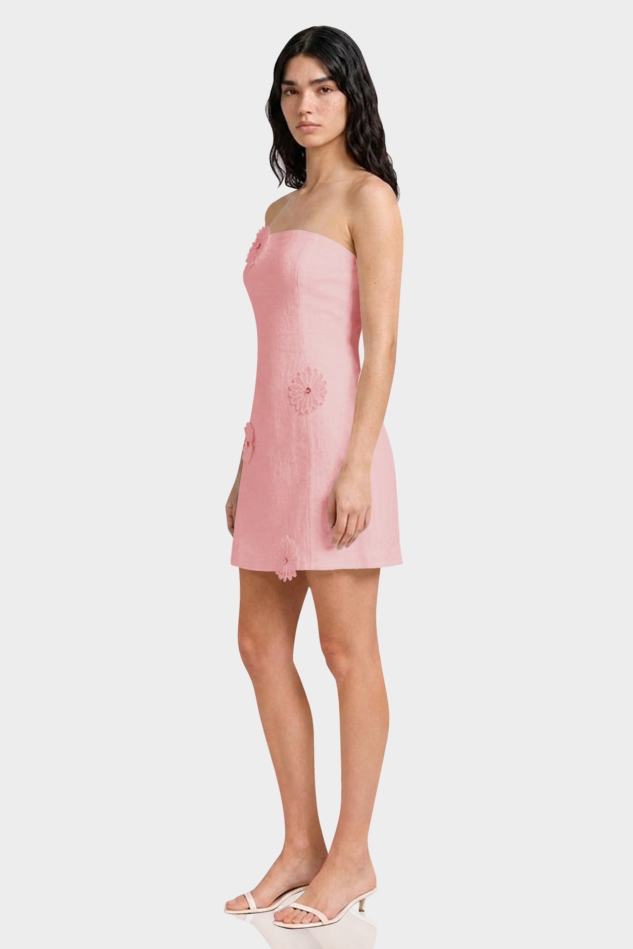 Blush Pink Strapless Cotton Mini Dress with Handcrafted Floral Appliqué