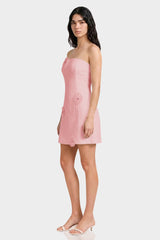 Blush Pink Strapless Cotton Mini Dress with Handcrafted Floral Appliqué