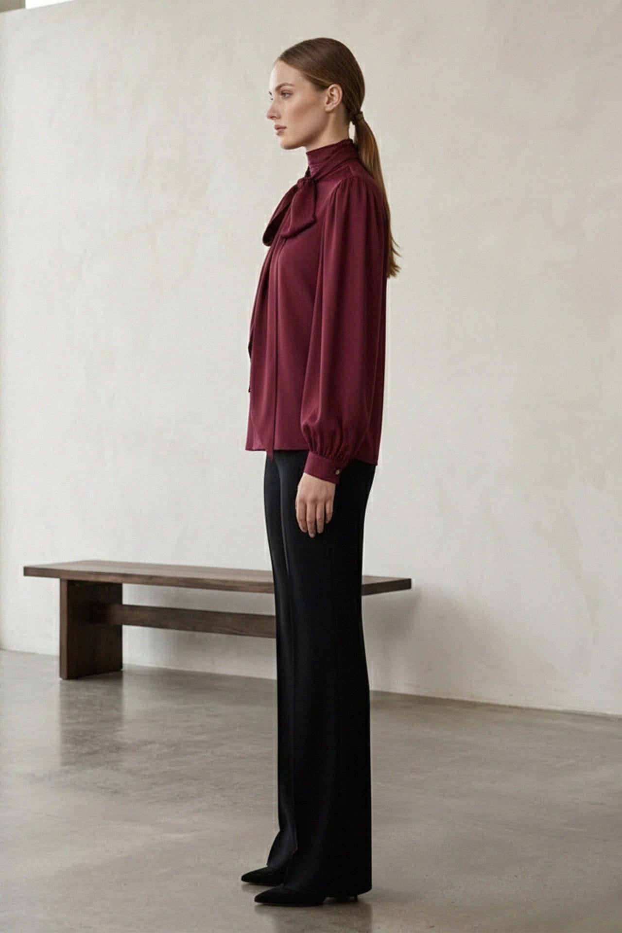 Burgundy Silk Satin-Twill Tie-Neck Blouse