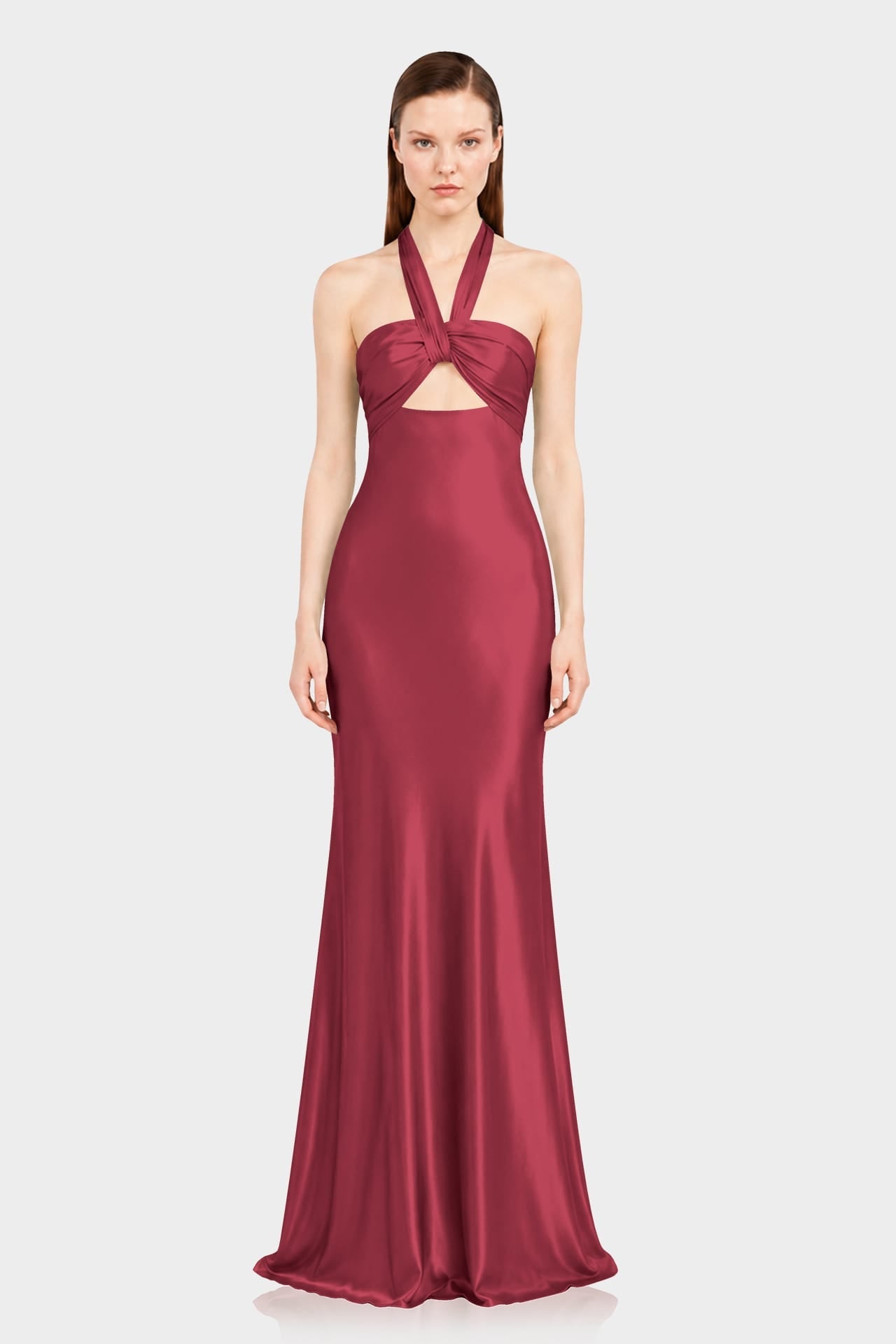 Designer Burgundy Matte Satin Maxi Dress with Halter Neck & Front Cut Out - Bridesmaid Dress