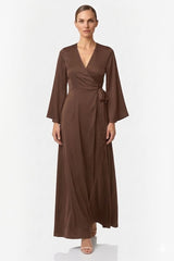 Chocolate Satin Wrap Maxi Bridesmaid Dress