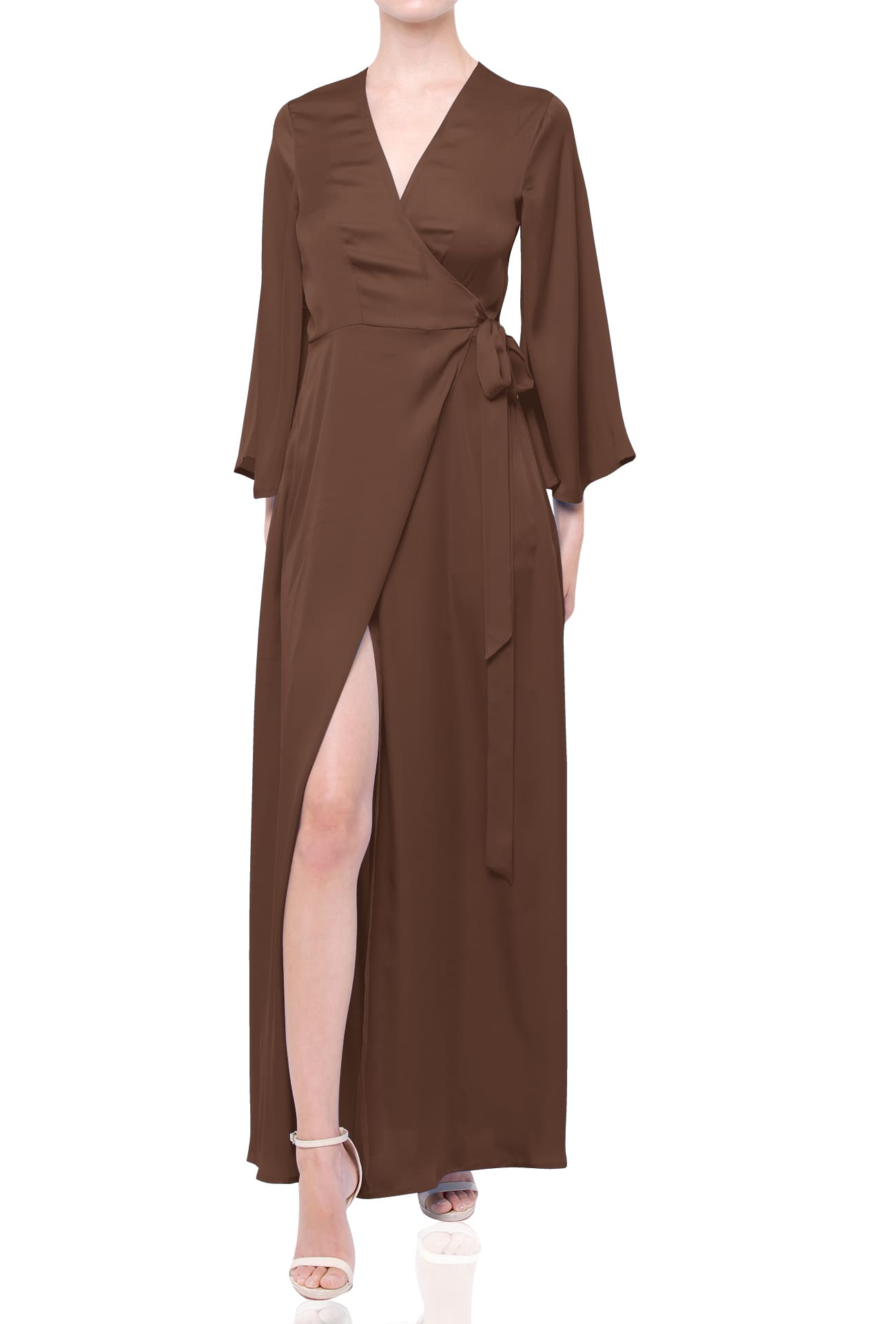 Chocolate Satin Wrap Maxi Bridesmaid Dress