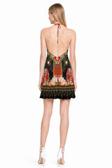 Animal print red convertible mini dress with plunge criss-cross neckline