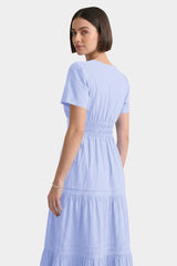 Premium Cotton Maxi Tiered Dress With Smocked Detail In Icy Blue