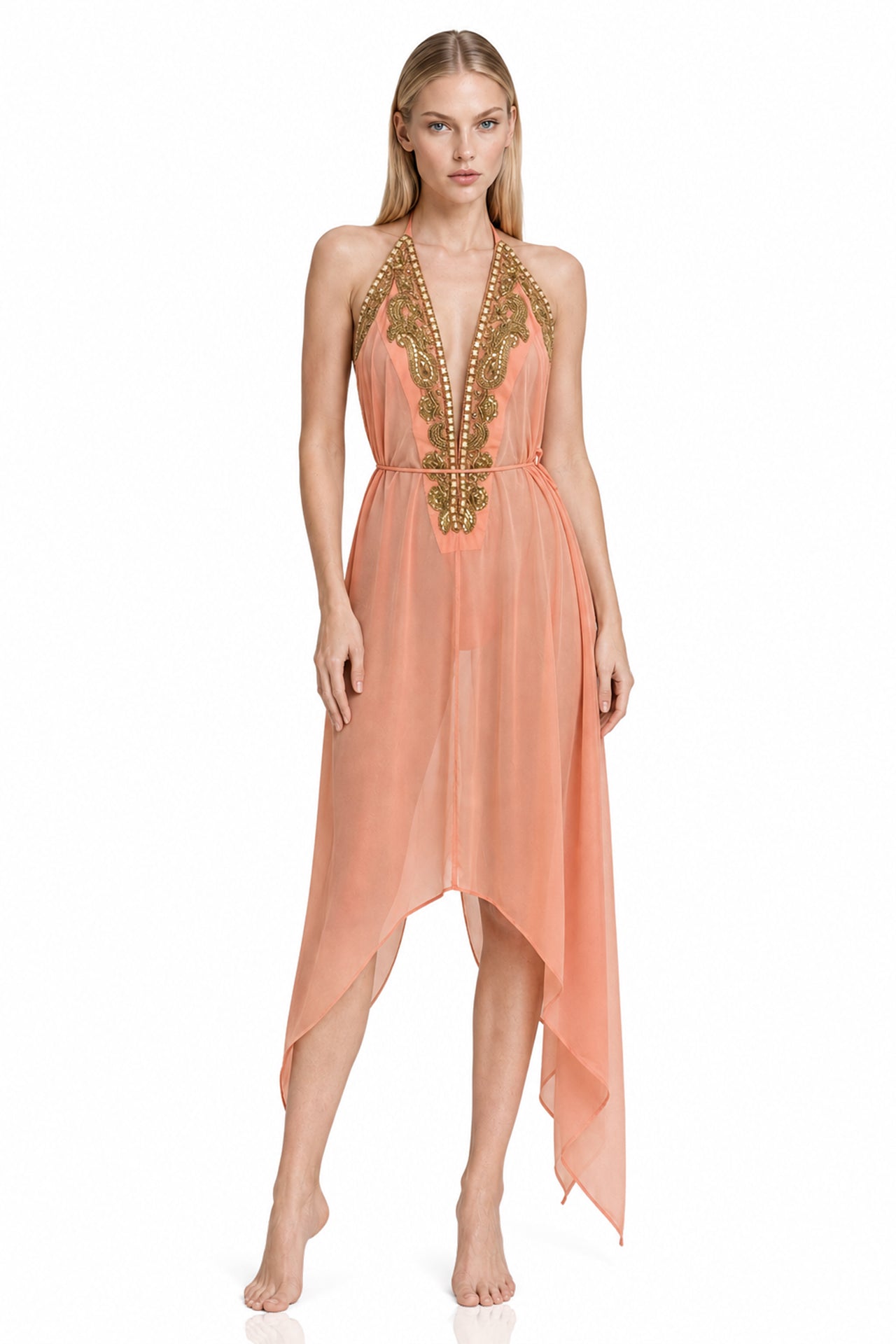 Coral Pink Midi Scarf Dress