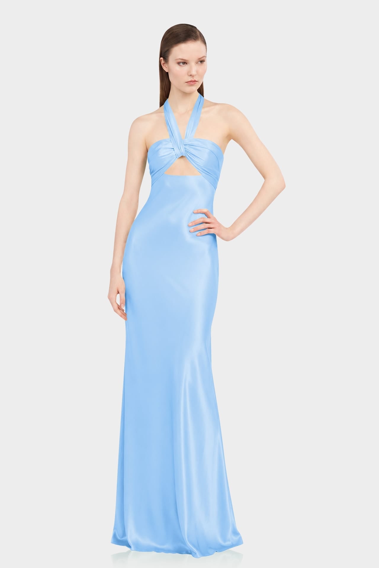 Luxury Sky Blue Satin Bridesmaid Maxi Dress with Twist Halter Neckline