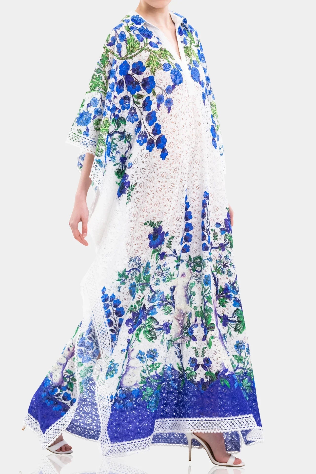 White Lace Kaftan Maxi Dress with Blue floral Print