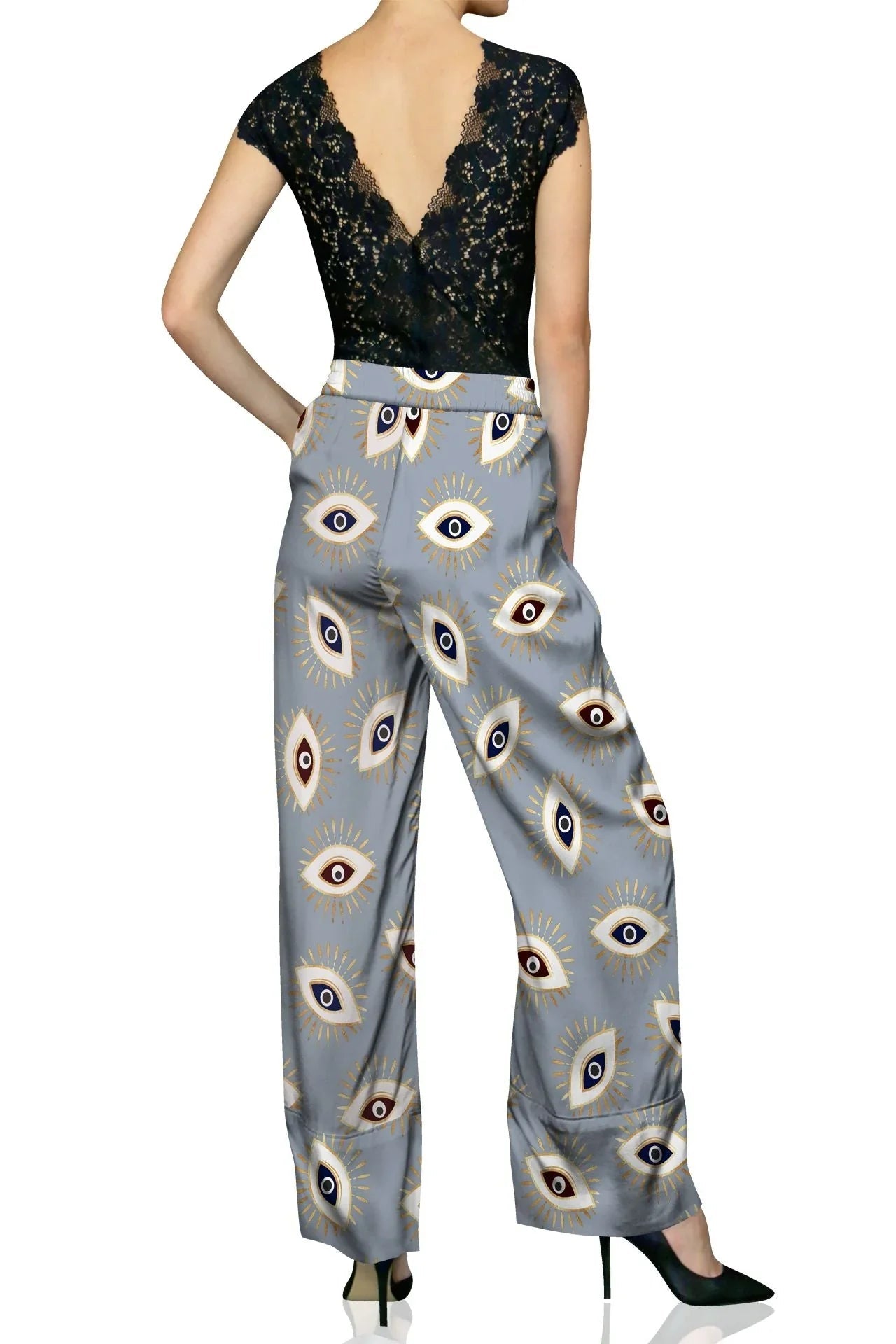 Cupro Sustainable Biodegradable Fabrics Silk Designer Pants In Evil Eye