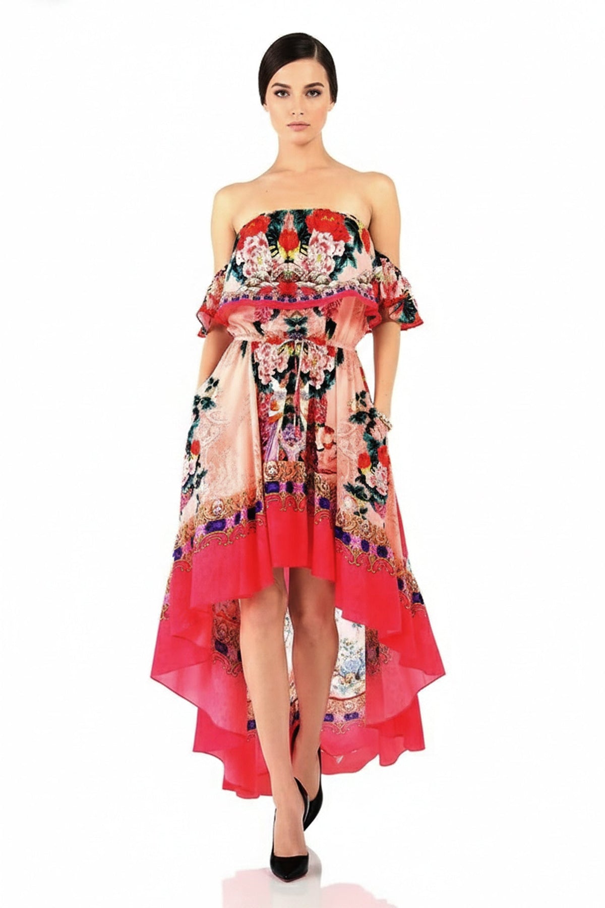 Coral Off Shoulder Ruffle Dress