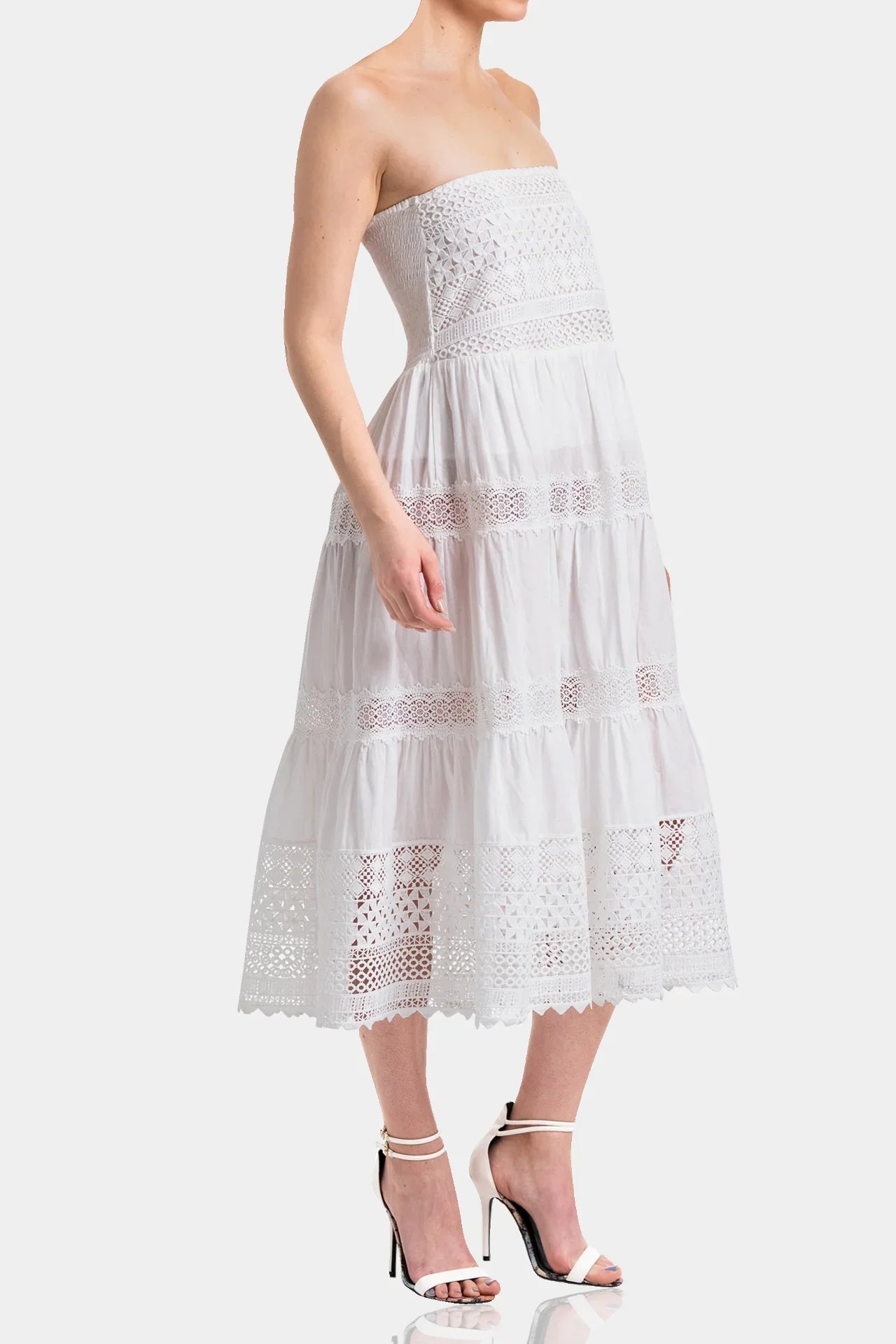 Convertible White Cotton Voile Corset Midi Dress with Guipure Lace – Off-Shoulder Tiered Skirt Dress