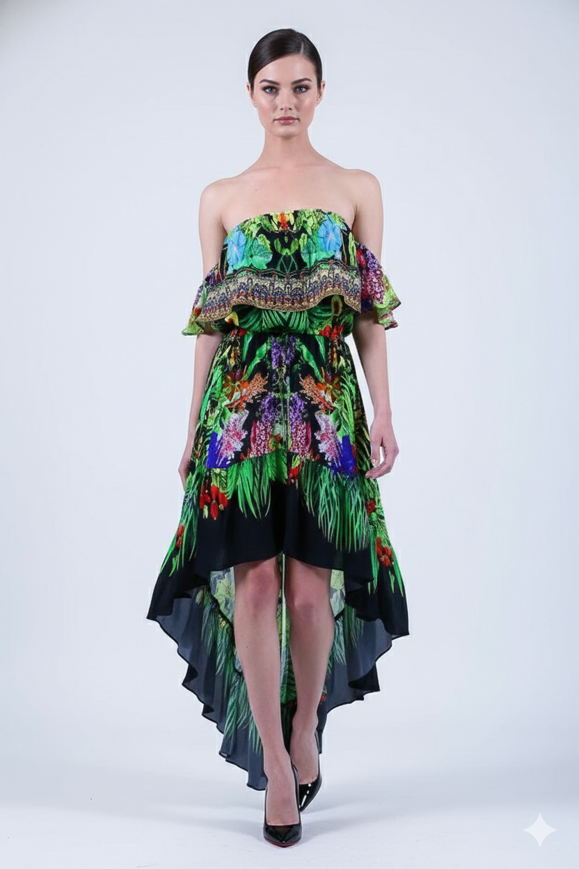 Caviar Black Printed Ruffle  Off Shoulder Dress