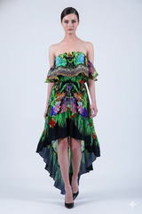 Caviar Black Printed Ruffle  Off Shoulder Dress