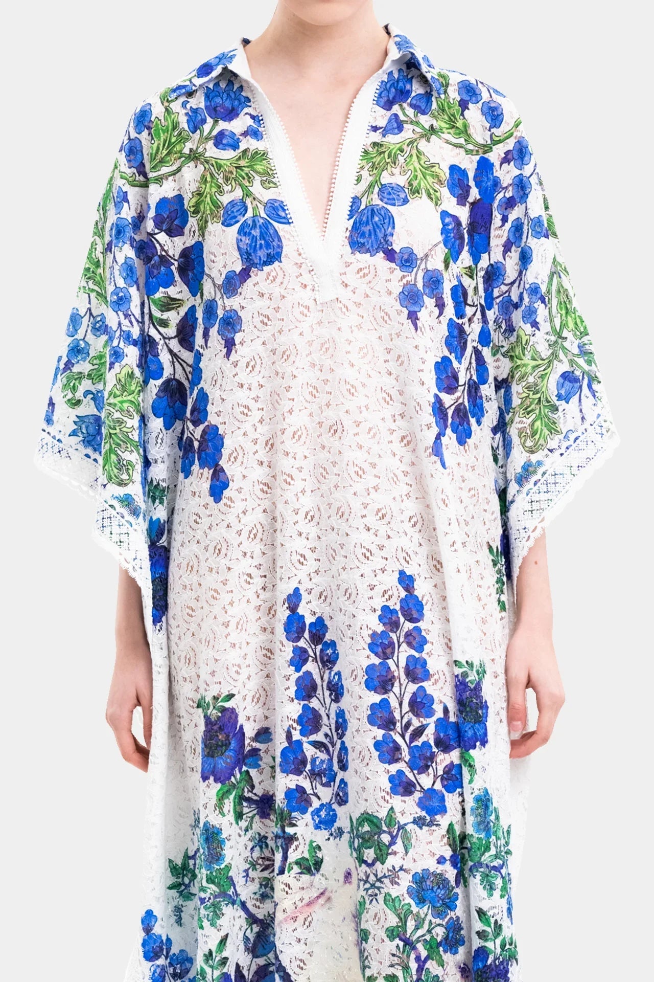 White Lace Kaftan Maxi Dress with Blue floral Print