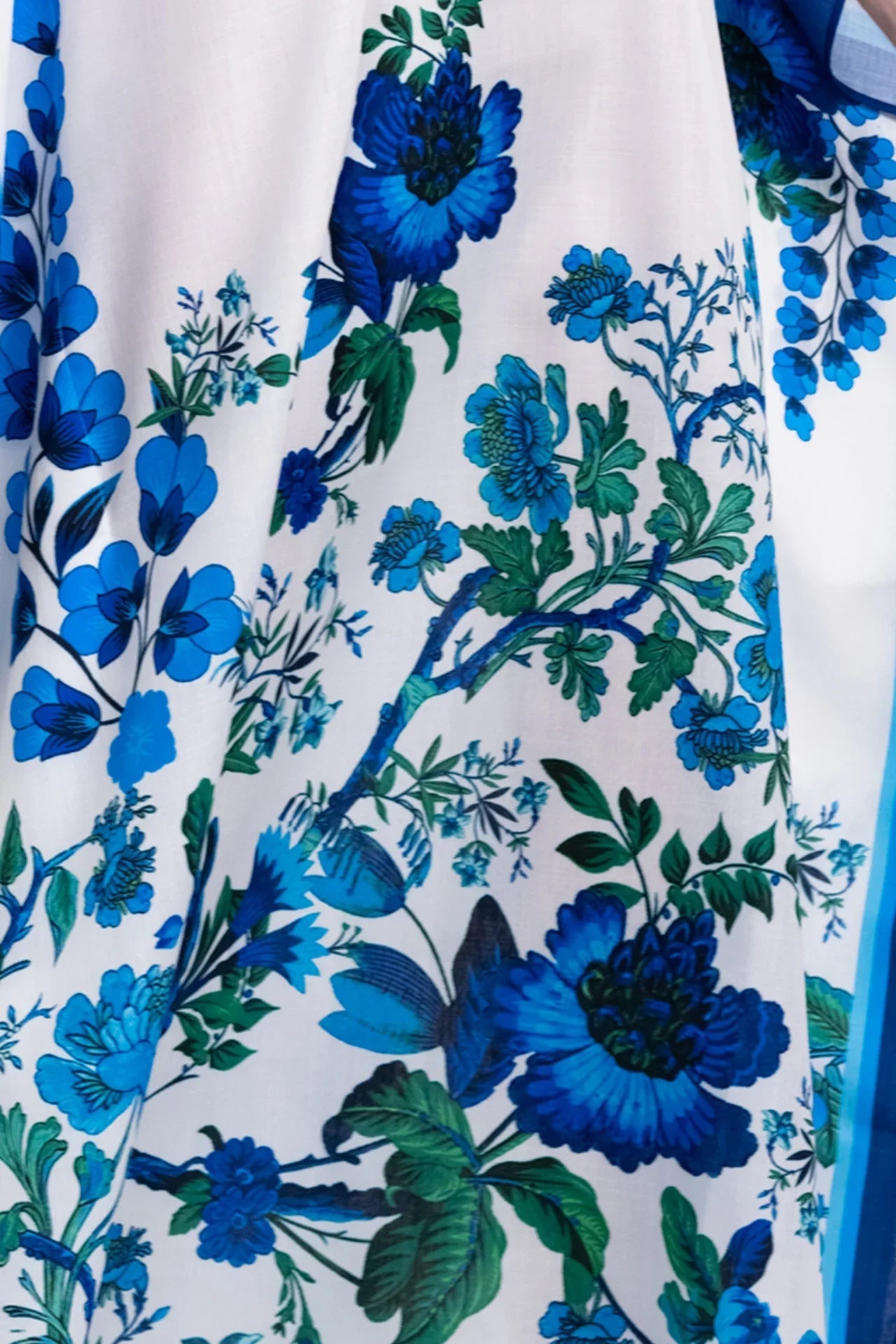 White Botanical Print Kaftan Maxi Dress with Blue Border Detail
