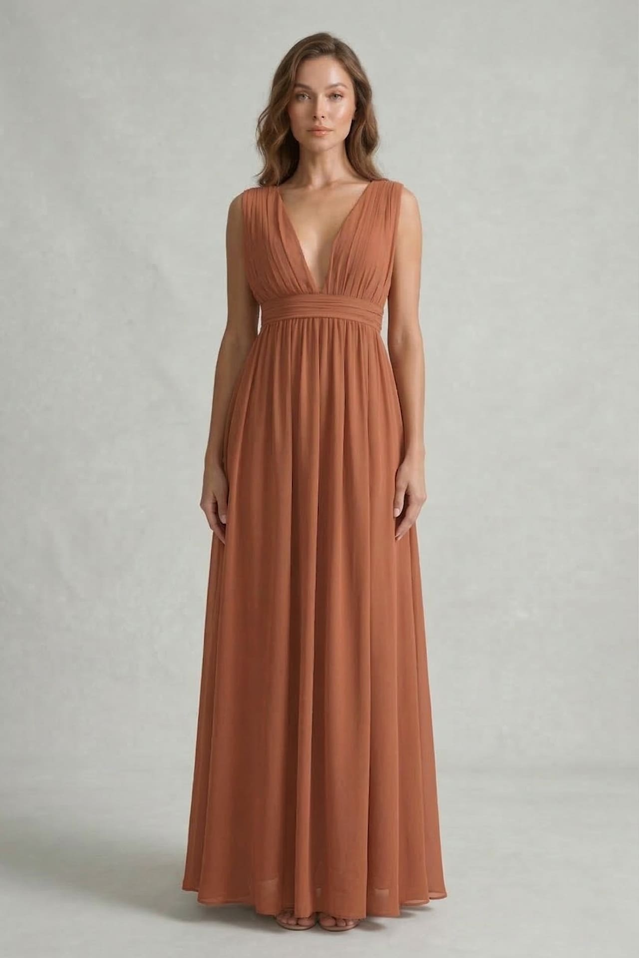 Copper Heaven V-Neck Bridesmaid Dress – Warm Metallic Maxi Gown