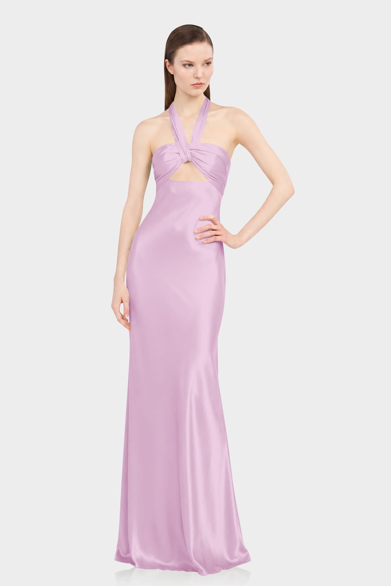 Designer Candy Pink Formal Ruched Halter Satin Maxi Dress